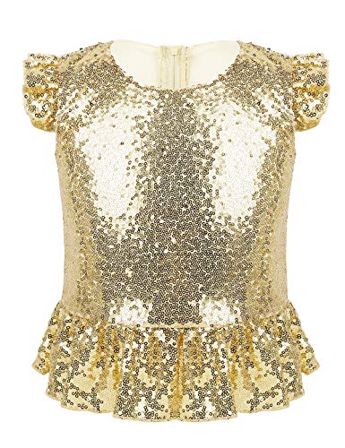 renvena Mädchen Glitzer Top Pailletten Oberteil Ärmellos Shirt T-Shirt mit Rüschen Flatterärmel Kinder Tanz Party Karneval Kostüm Gold 110-116/5-6 Jahre von renvena