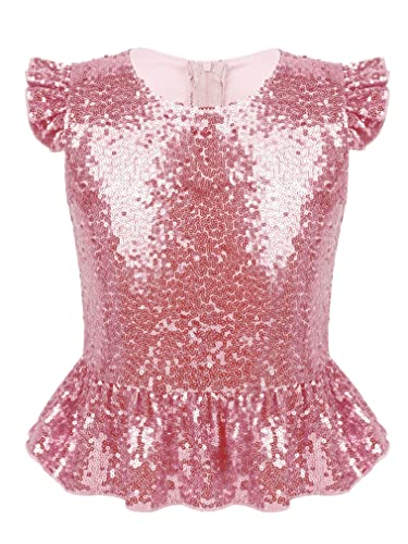 renvena Mädchen Glitzer Top Pailletten Oberteil Ärmellos Shirt T-Shirt mit Rüschen Flatterärmel Kinder Tanz Party Karneval Kostüm Rosa 110-116/5-6 Jahre von renvena