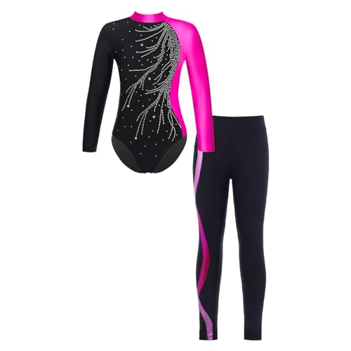 renvena Mädchen Gymnastikanzug Turnanzug Langarm Bodysuit Trikot Body mit Leggings Lange Hose Skinny Tight Kinder Sport Ballett Kleidung Rose 122-128/7-8 Jahre von renvena