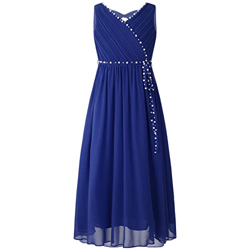 renvena Mädchen Lange Abendkleid Festlich Kleider Ärmellos Ballkleid Blumenmädchen Kleid mit Perlen Kinder Hochzeit Party Abschlussball Outfit Königsblau 158-164 von renvena