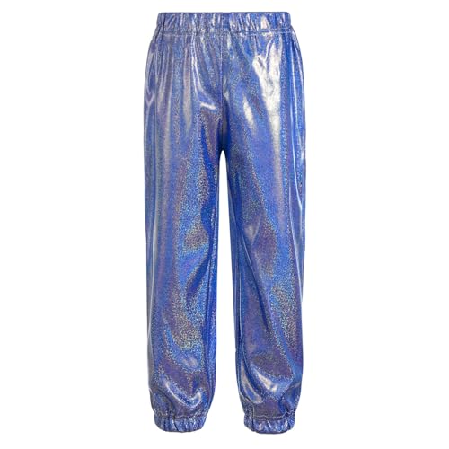 renvena Mädchen Metallic Hose Tanzhose Lange Hose Jogginghose Glänzend Hip Hop Pants Sporthose Party Performance Outift Blau 122-128 von renvena