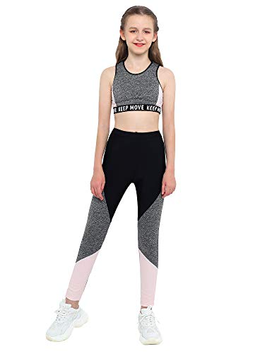 renvena Mädchen Sport Kleidung Set Kinder Tanzbekleidung Sport BH Crop Top mit Leggings Trainingsanzug Sportwear Fitness Workout Gr.98-164 (146-152, Grau+Schwarz) von renvena