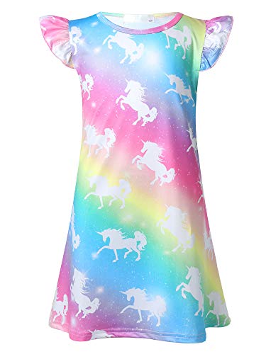 renvena Meerjungfrau Nachthemden für Kinder Mädchen Kurzarm Prinzessin Pyjamas Regenbogen Schlafkleid Nachtwäsche Nightwear 3-10 Jahre (122-128, Bunt Einhorn) von renvena