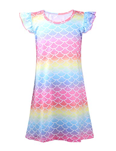 renvena Meerjungfrau Nachthemden für Kinder Mädchen Kurzarm Prinzessin Pyjamas Regenbogen Schlafkleid Nachtwäsche Nightwear 3-10 Jahre Regenbogen 110-116 von renvena