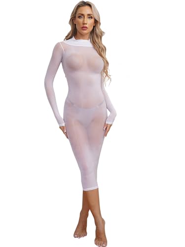 renvena Neckholder Kleid Damen Sexy Transparent Bleistiftkleid Kurz Lang Nachtkleid Bodycon Nylon Kleid Nachtwäsche Babydoll A Weiß One Size von renvena