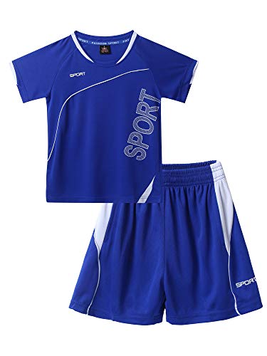 renvena Kinder Jungen Sport Kleidung Set Trainingsanzug Kurz Jogginganzug Kurzarm T-Shirt Tops mit Sportshorts Fussball Trikot Sportswear Sommer Blau 134-140 von renvena
