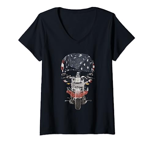 Damen Retro Vintage Amerikanische Flagge Retro Biker Motorrad Totenkopf T-Shirt mit V-Ausschnitt von retro Biker Motorcycle skull