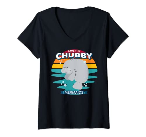 Damen Speichern Sie die mollige Meerjungfrau Retro Vintage Manatee T-Shirt mit V-Ausschnitt Damen Speichern Sie die mollige Meerjungfrau Retro Vintage Manatee T-Shirt mit V-Ausschnitt von retro sunset