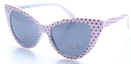 retroUV® - Tupfen Katzenauge Frauen Mod Mode Super Cat Sonnenbrille (Weiß Rot-Punkt mit retroUV® Beutel) von retroUV