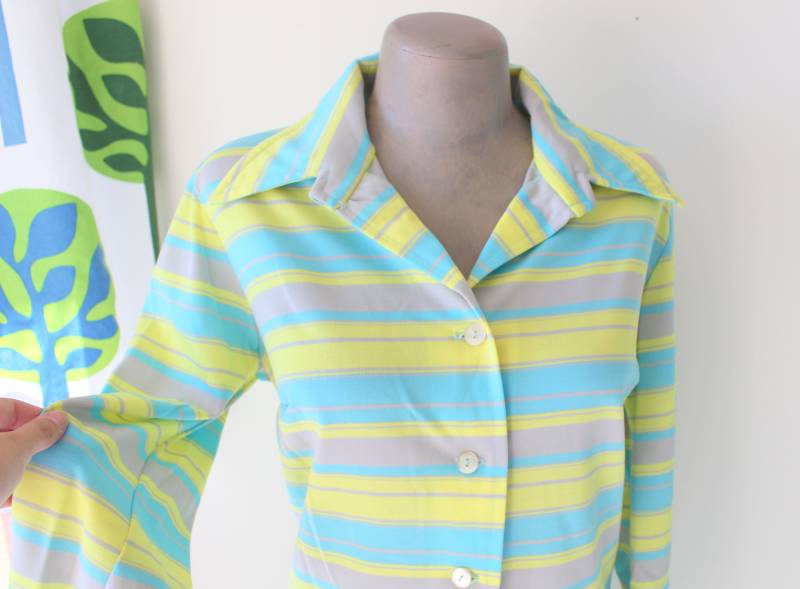 1970S Gestreiftes Langarm-Tageskleid Designer Vintage Mod von retroandme