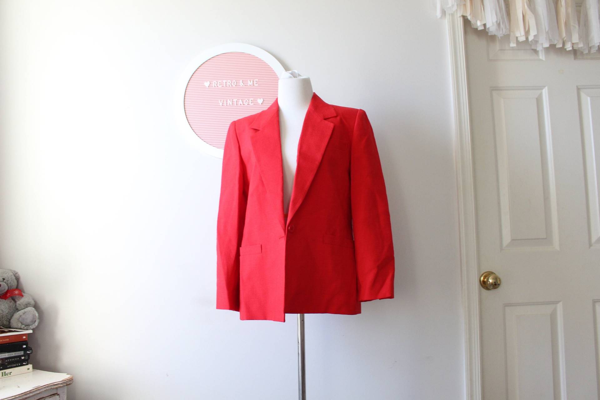 1980Er 90Er Vintage Cherry Red Blazer Xlarge Jacke Xl. Unisex.baumwolle. Gogo. Solide. Urlaub. Mod. Twiggy. Retro. Womens. Verrückten. Kostüm von retroandme