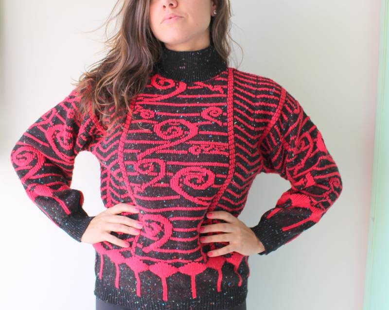 1980Er Jahre Geometric Acrylic Sweater Rot Schwarzer Retro Rollkragenpullover von retroandme