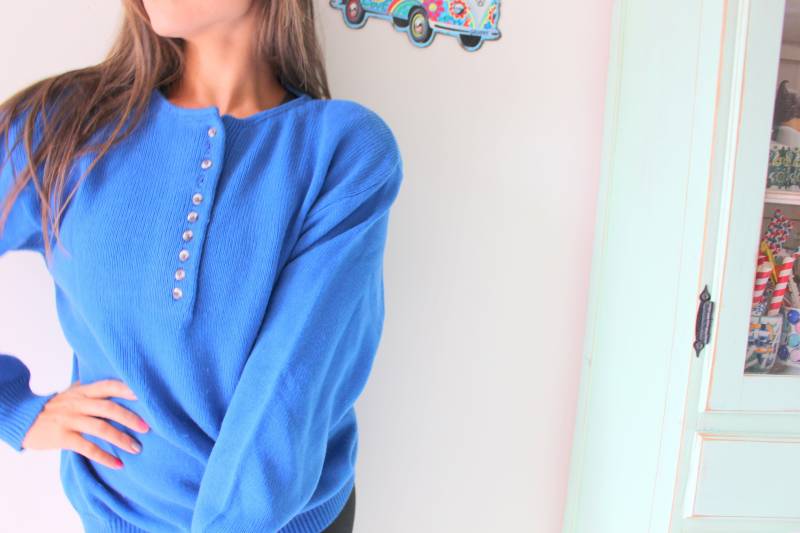 1980Er Jahre Königsblau Pullover... Einhorn. Bunt. Hell. Retro. Saphir. Azure. Pullover. Rad. Spaß. Festliche. Urlaub. Strickjacke von retroandme