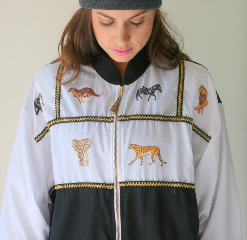1980Er Jahre Vintage Safari Jacke Animal Print Netzstoff, Xl von retroandme