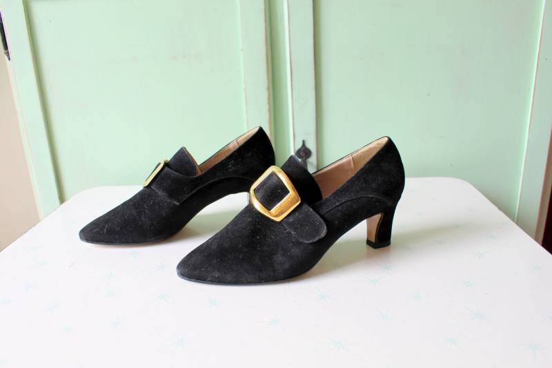 1980Er Jahre Schwarzes Leder Italien Loafer Heels...größe 6 Damen...leder. Pumps. Ausgefallen. Party. Modell Klassisch. Designer. Hexe. Kostüm von retroandme
