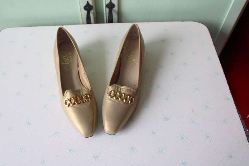1980Er Jahre Selby Gold Leder Loafers - Größe 7 Damen Oxfords von retroandme