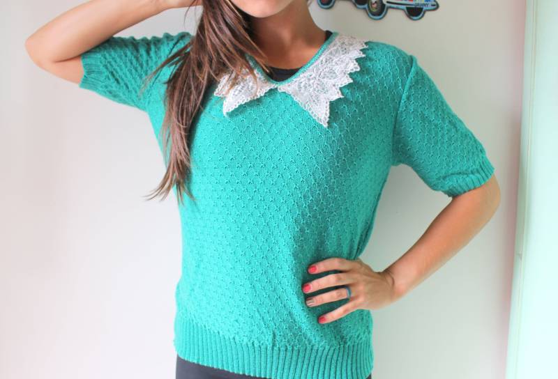 1980S Grüner Strick Pullover Mit Spitzenkragen | Größe S/M von retroandme