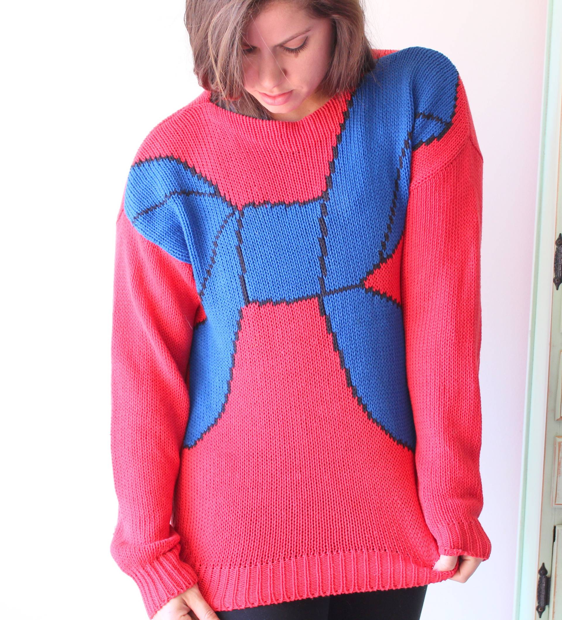 1980Er Vintage Rot Blauer Schleife Slouchy Crop Pullover.... Hippie. . Boho. Stricken. Retro. Mod. Geburtstag. Urlaub. Designer. Winter. Fallen von retroandme