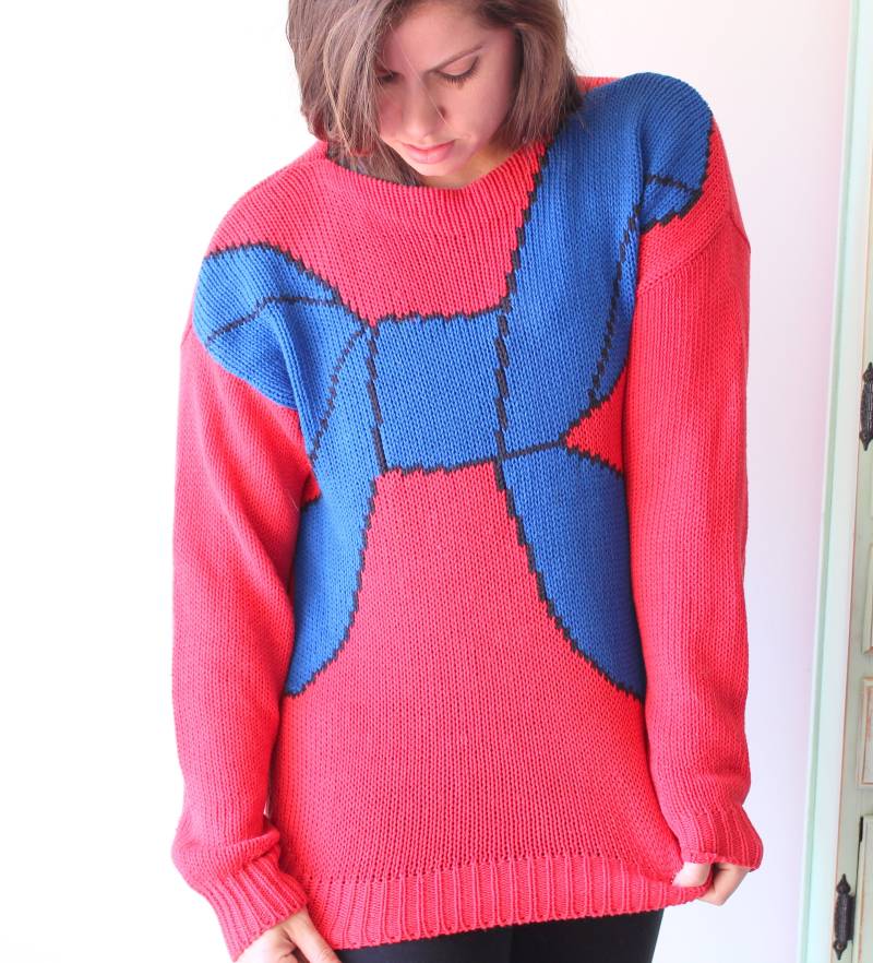 1980Er Vintage Rot Blauer Schleife Slouchy Crop Pullover.... Hippie. . Boho. Stricken. Retro. Mod. Geburtstag. Urlaub. Designer. Winter. Fallen von retroandme