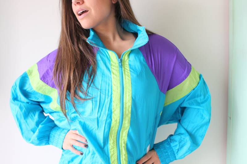 1980S Color Block Sportjacke Retro Teal Purple Mesh, Größe L von retroandme