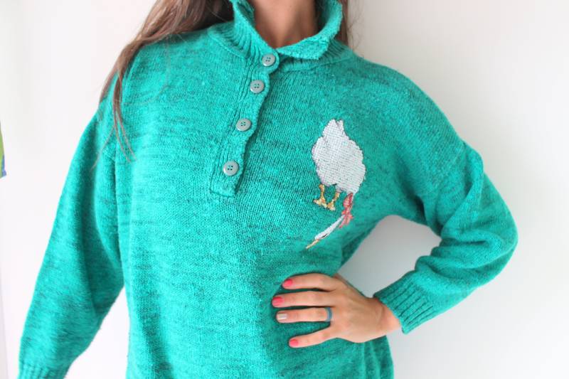 1980S Green Goose Sweater Retro Pullover Aus Baumwollgemisch von retroandme