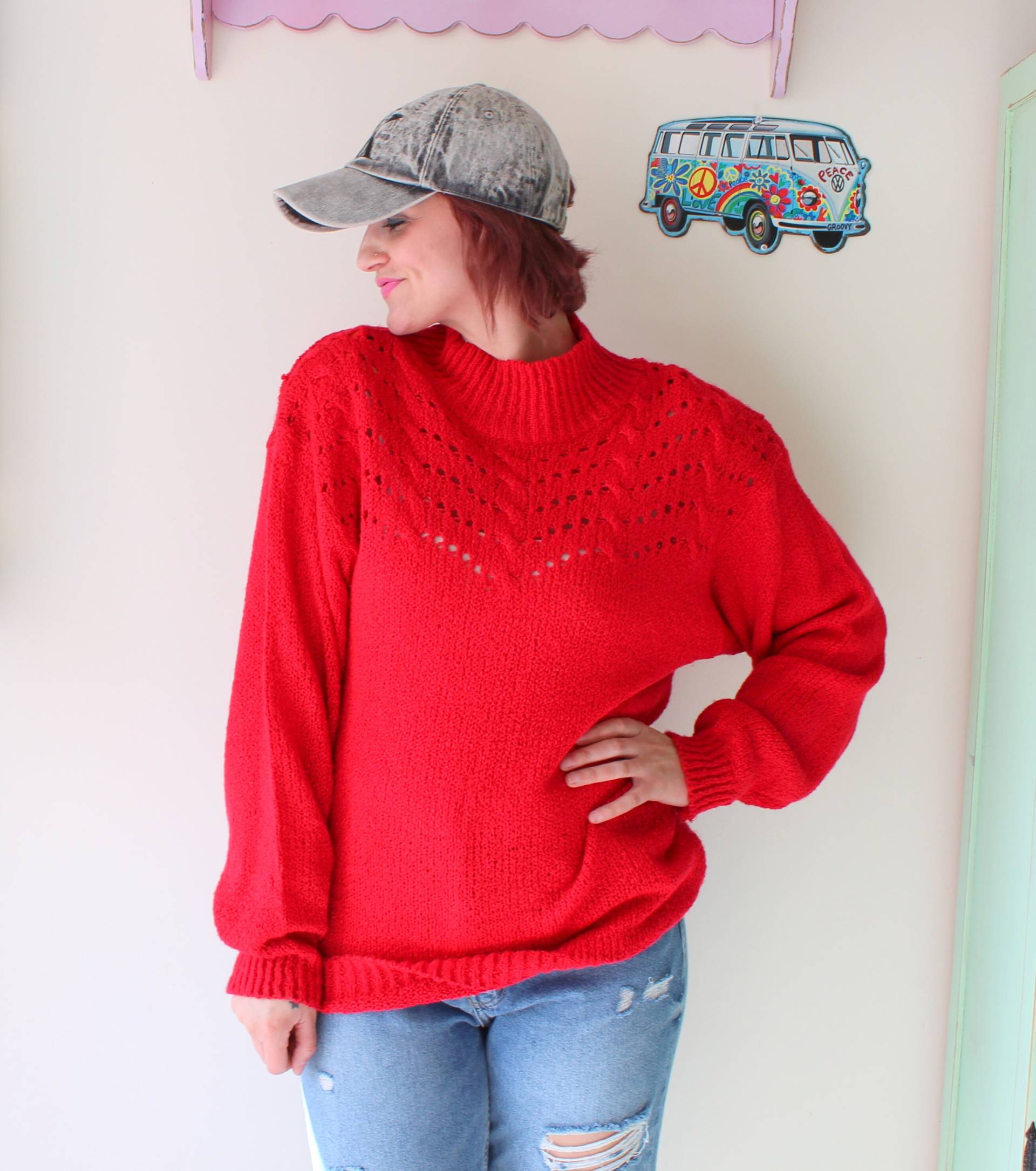 1980S Lipstick Roter Acryl Pullover - Retro Nautical Oversized Large 1980S Lipstick Roter Acryl Pullover - Retro Nautical Oversized Large von retroandme
