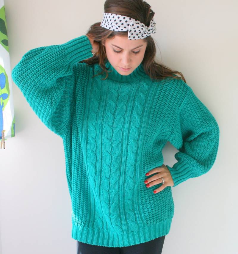 1980S Oversized Kelly Green Zopfmuster-Pullover - Unisex Retro Pullover von retroandme