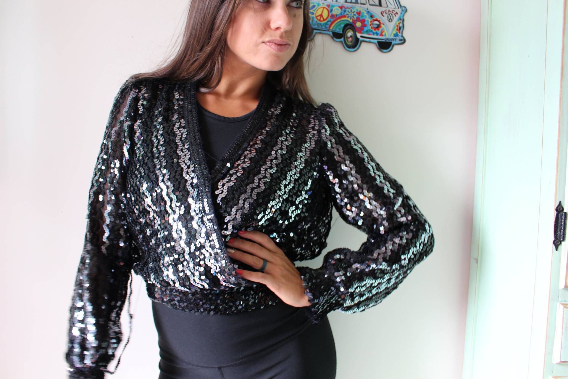 1980S Pailletten Crop Top Vintage Jazz Jacke von retroandme