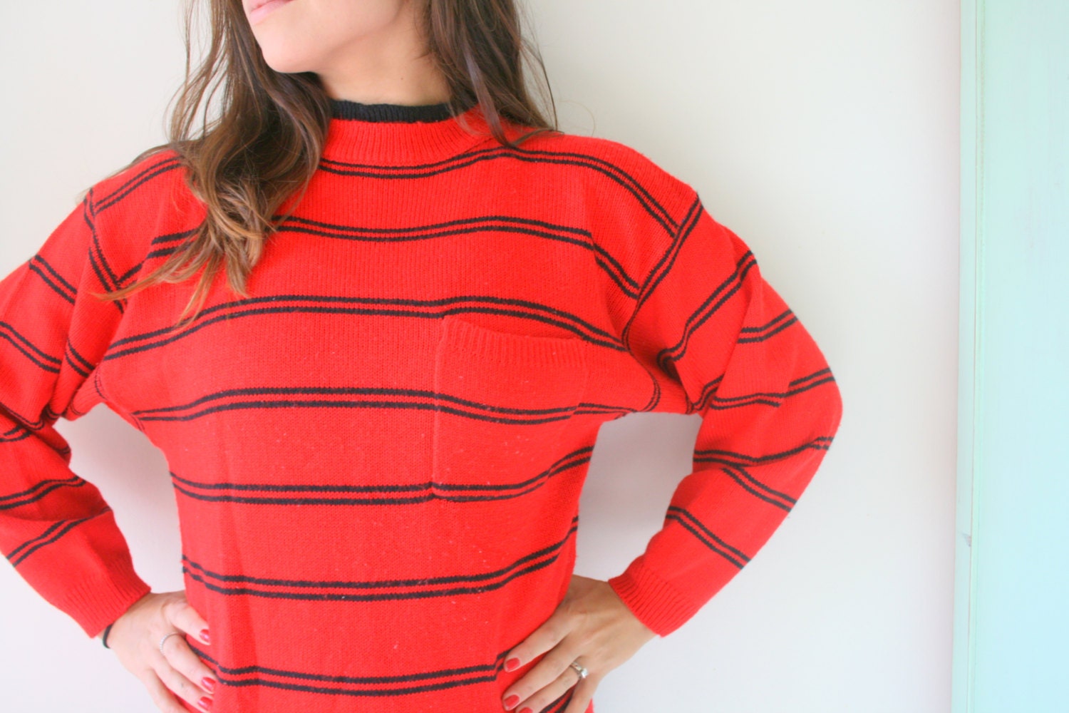 1980S Rot Gestreifter Acryl Pullover - Retro Maritimer | Größe S 1980S Rot Gestreifter Acryl Pullover - Retro Maritimer | Größe S von retroandme