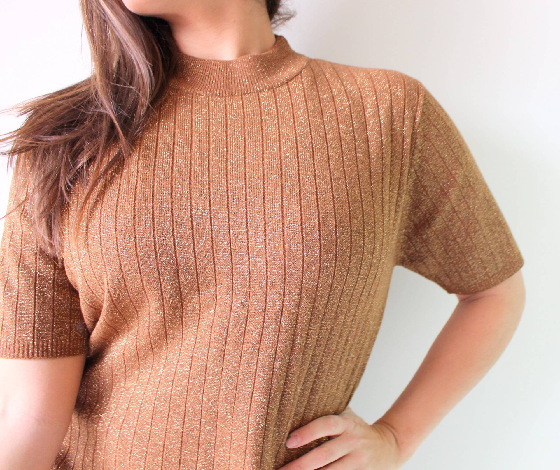 1980S Shimmer Rollkragenpullover Bronze Metallic Party Top | M/L von retroandme