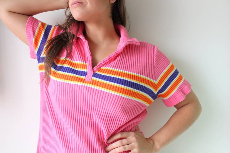 1990S Rosa Gestreiftes Baumwoll Crop Top, Mittelgroß von retroandme