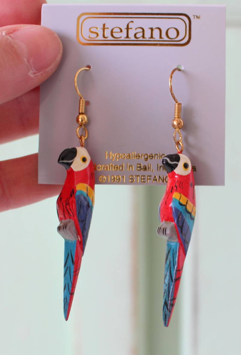 1991 Stefano Papagei Ohrringe Kitsch Retro Vogel Schmuck von retroandme