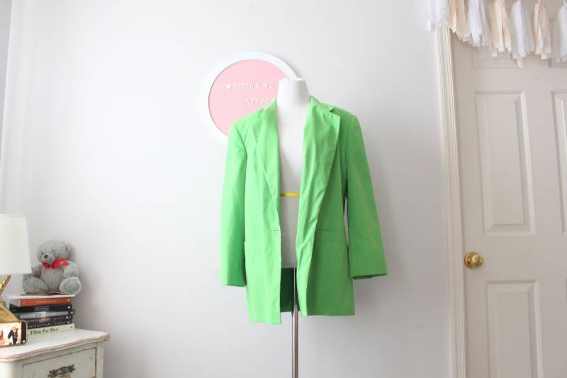 80Er 90Er Vintage Lime Grüne Blazer Jacke....groß. Gut. Mode. Urlaub. Modell Zweigig. Retro. Frauen. Schwärmen. Diva. Hüfttasche. Wippe. Kostüm von retroandme