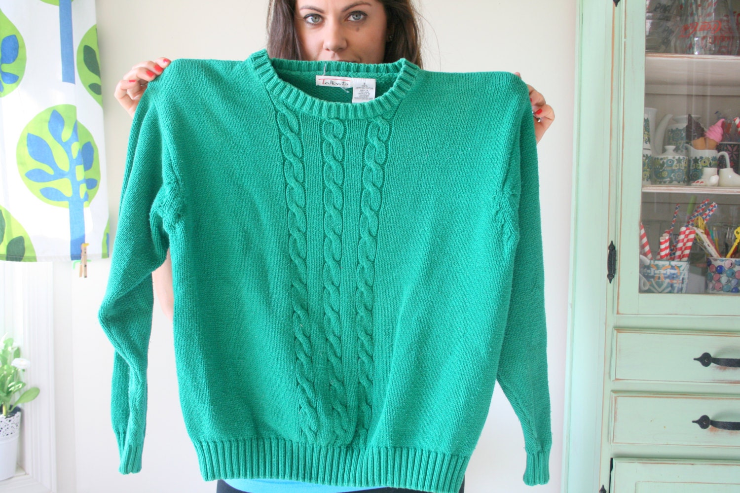90Er Jahre Vintage Zopfmuster Pullover Strickgrün | Größe S von retroandme