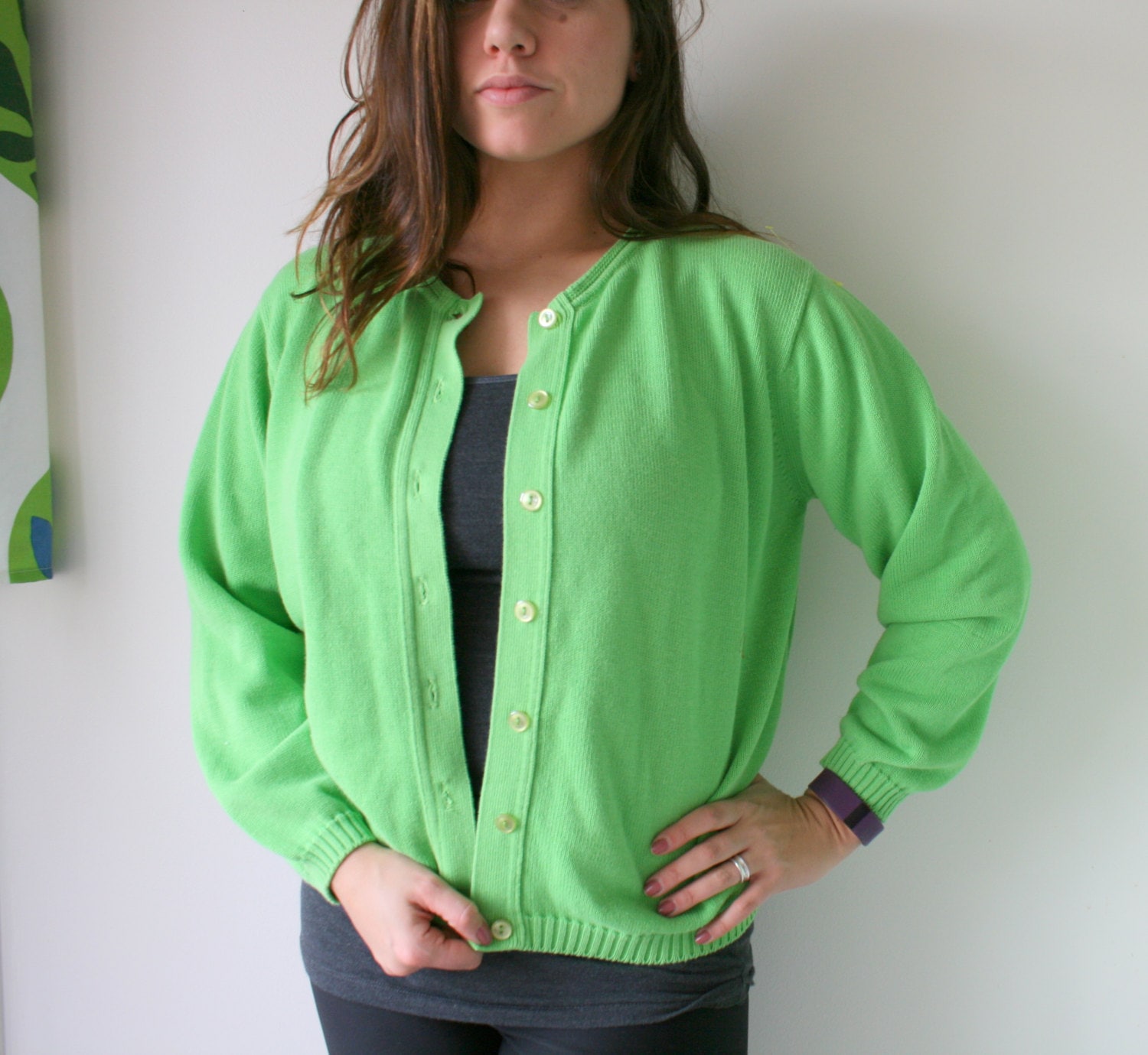 Lindgrüne Baumwoll Strickjacke, Vintage 90Er Jahre Foxcroft Pullover | Größe Medium von retroandme