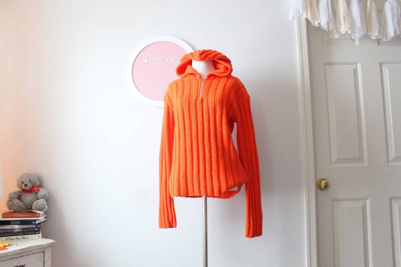 Original 90Er Jahre Kapuzenpullover, Orange, New Wave. Hüfte. Rad. Bunt. Hell. Retro. Unisex. 1980Er Pullover. Strickjacke. Hüfttasche. Designer von retroandme