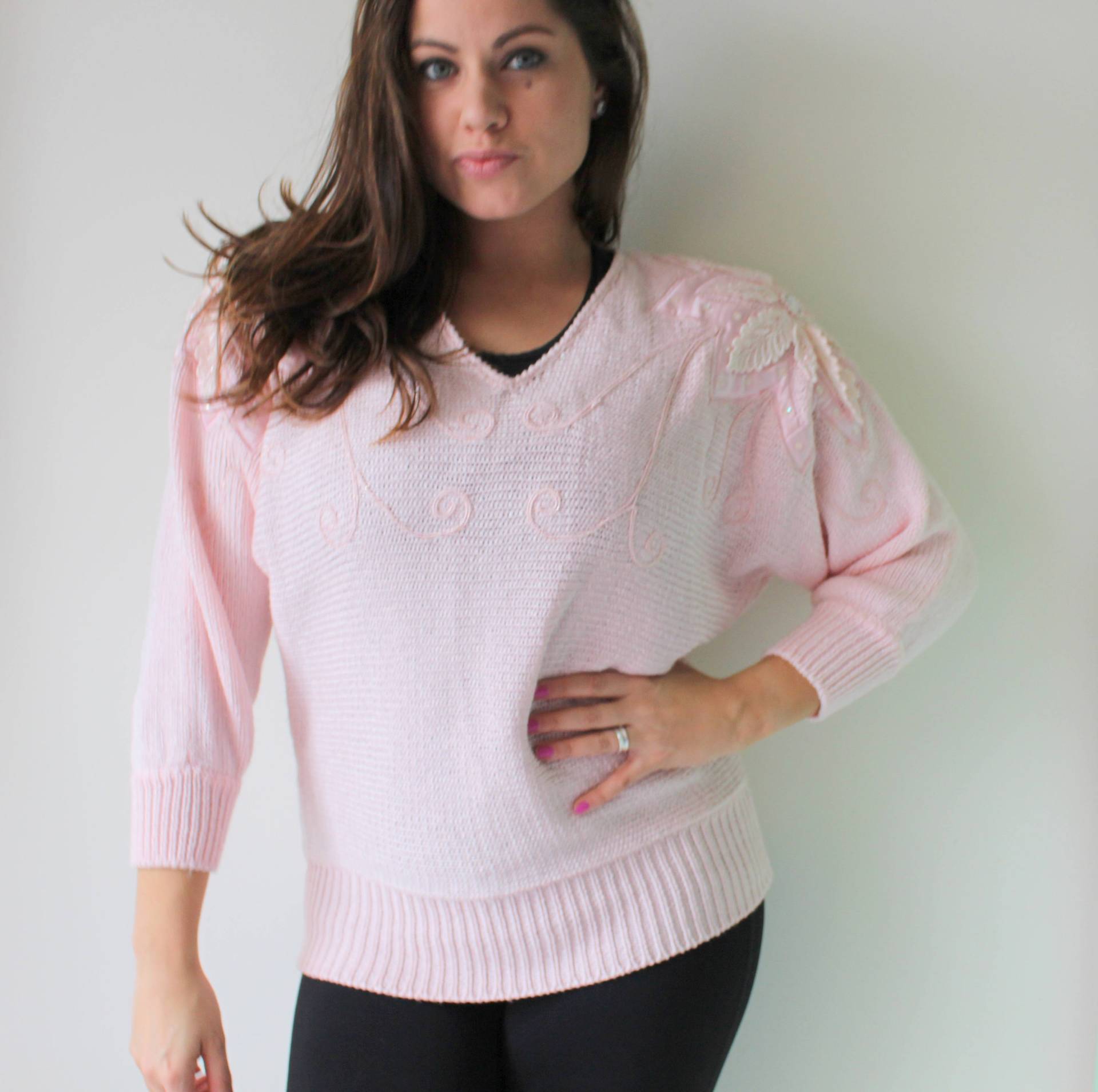 Vintage 80Er Jahre Pink Perlen Verzierter Crop Sweater von retroandme
