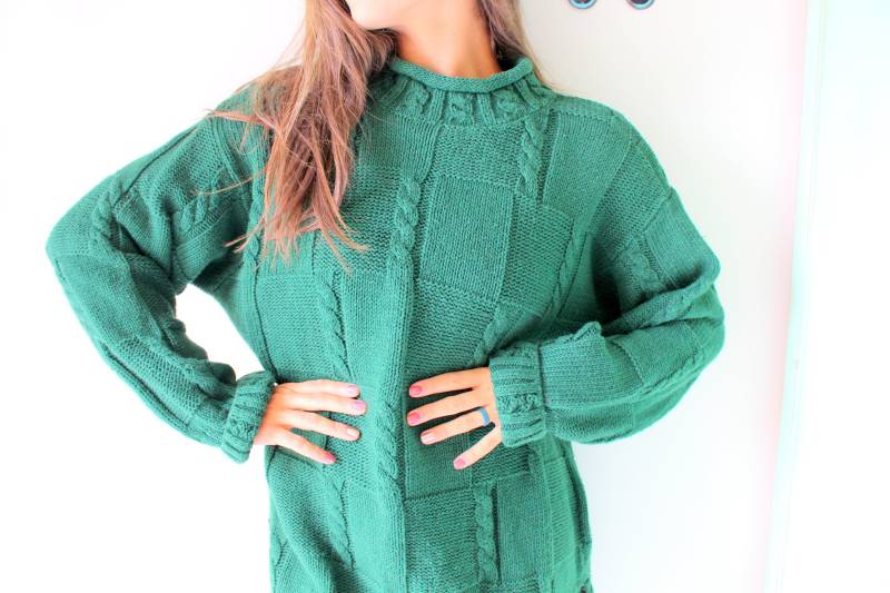 Vintage 90Er Jahre Smaragd Grüner Baumwoll Strick Pullover - Unisex Oversized Fit von retroandme