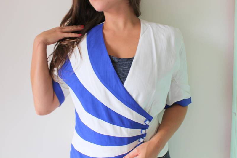 Vintage Blau Weiß Gestreifte Bluse 80S Mod Top von retroandme