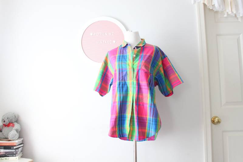 Vintage Bluse in Petrol Fushiagrün 80Er 90Er Mittel. Large.womens. Modell Kostüm. Bluse. Türkis. Gelb. Soho. Ausgefallen. Regenbogen von retroandme