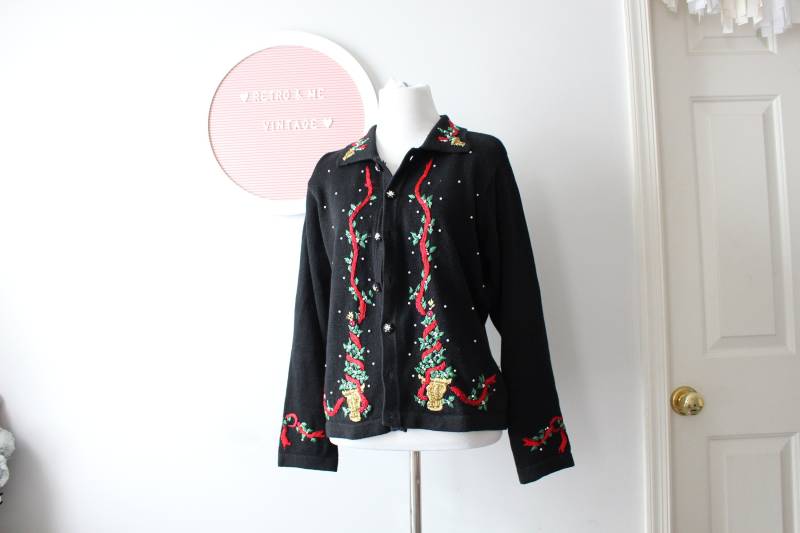 Vintage Weihnachten Noel Holiday Cardigan Sweater....red. Schwarz. Golden. Weihnachtspullover. Niedlich. Kitschig. Oma. Leuchtet. Gefädelt von retroandme