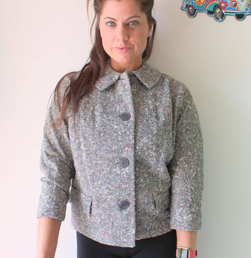 Vintage Graue Wollstrick Jacke Mid Century Mod Designer von retroandme
