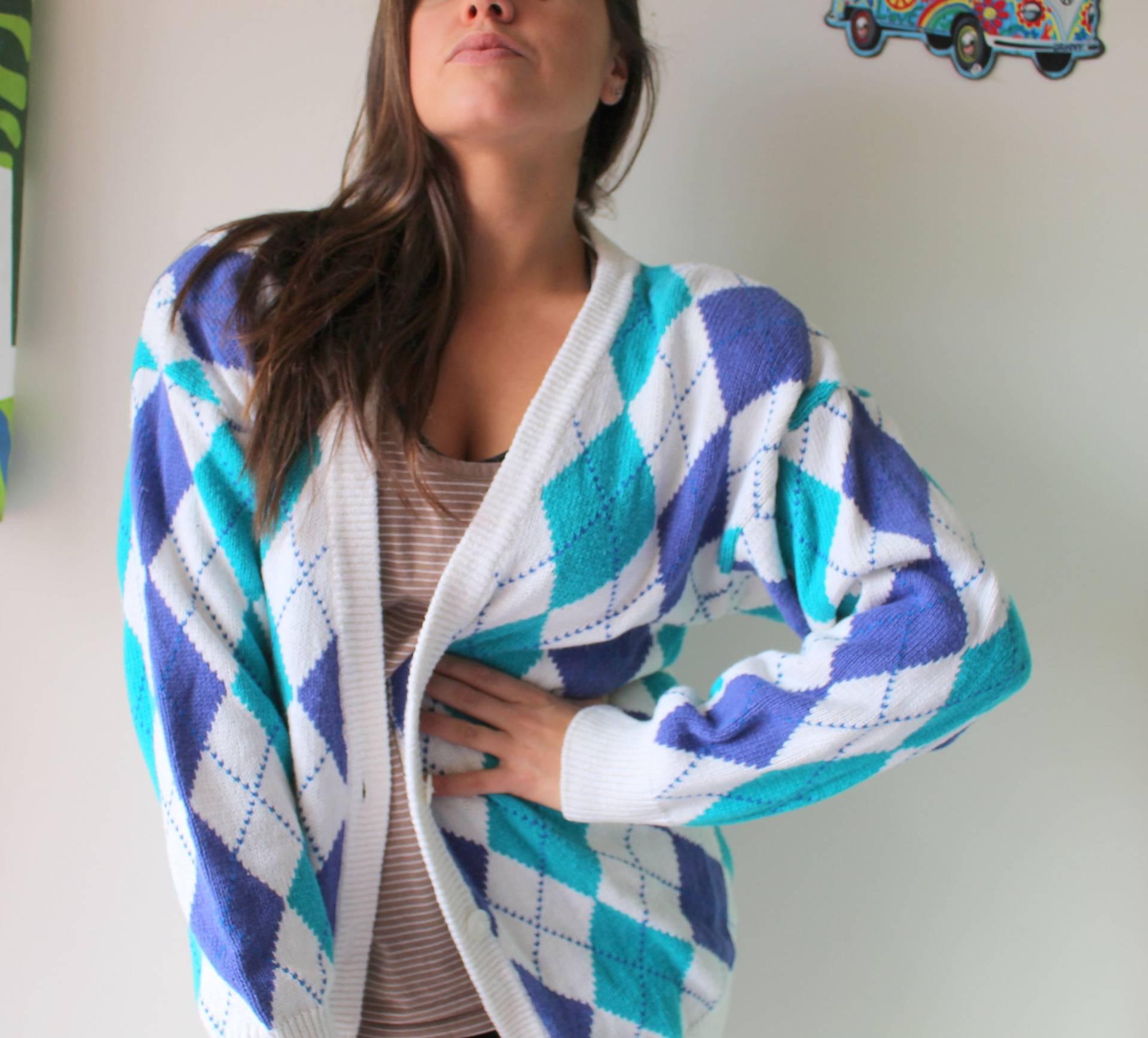 Vintage Große Türkis Raue Argyle Strickjacke - Mid Century Strickpullover Vintage Große Türkis Raue Argyle Strickjacke - Mid Century Strickpullover von retroandme