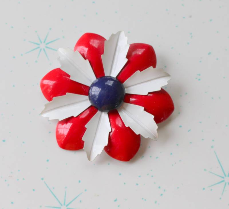 Vintage Margeriten Brosche Emaille Rot Weiß Blau 1970Er Jahre Anstecknadel von retroandme