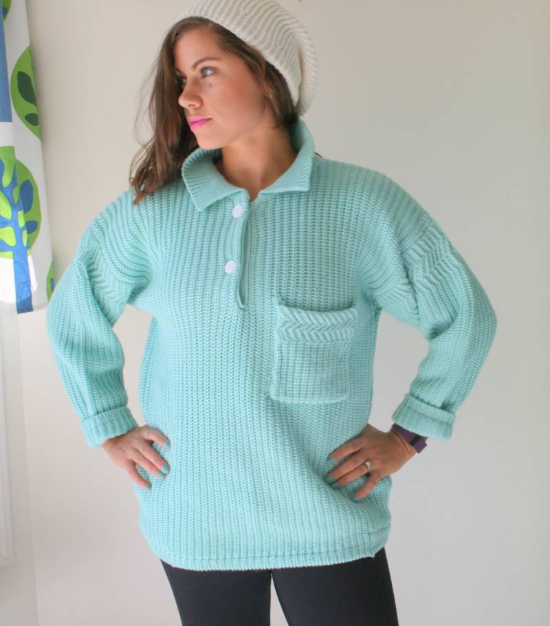 Vintage Mint Blau Slouchy Pullover 80Er Jahre Boho Strick Top von retroandme