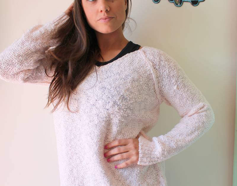 Vintage Pfirsich Rosa Strickpullover - U-Ausschnitt Boho Medium von retroandme