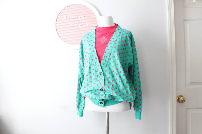 Vintage Polka Dots Bluse.. Womens. Grün Und Rosa. Mod. Kostüm. Bluse. Damen. Fließendes Top. Soho. Aufwändig von retroandme