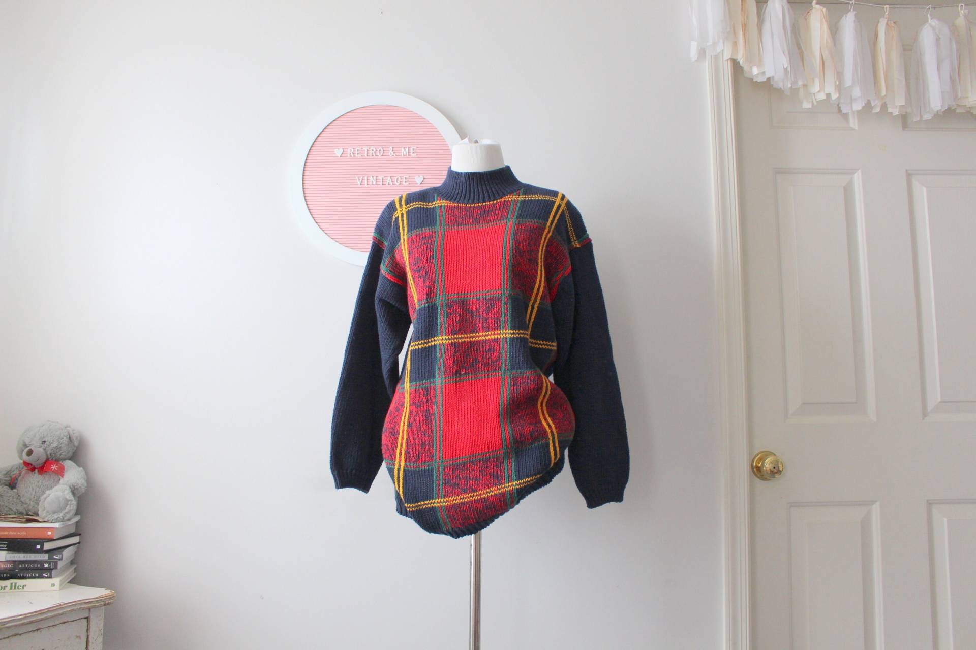 Vintage Preppy Karierter Rollkragenpullover.size Large... Folk. Hippie. Urlaub. Festliche. . Boho. Stricken. Retro. Mod. Grün. Blau. Rot. Gelb von retroandme