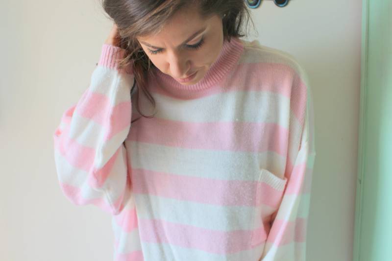 Vintage Rosa Gestreifter Acryl Pullover Rad Retro Boho Strick von retroandme