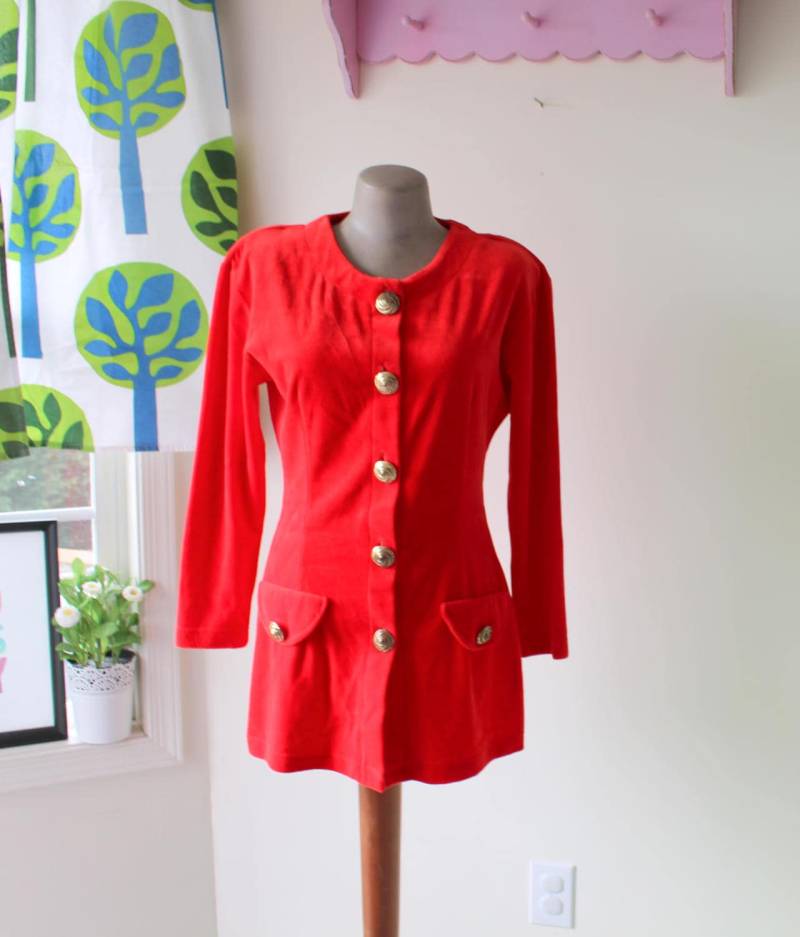 Vintage Rotes Samt Mini Kleid 80Er-90Er Jahre Gold Button Mod Stil von retroandme